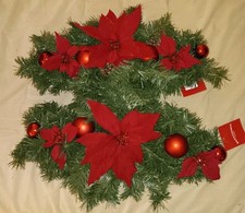 2 Evergreen Poinsettia Christmas Arrangement Table Centerpiece Swag Set 26 In.