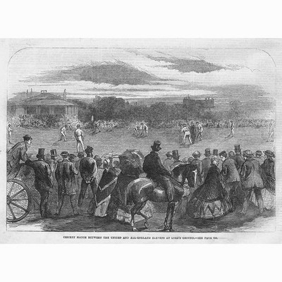 Cricket Match Between United & All England Elevens at Lords - Antique Print 1863