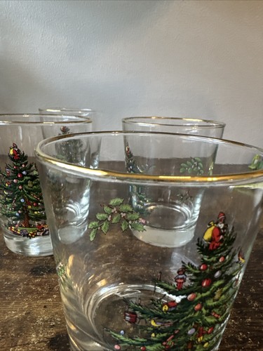 Set of 4 Christmas Tree Lowball/Rock Old Fashioned Gold Rimmed Glasses - Picture 7 of 12