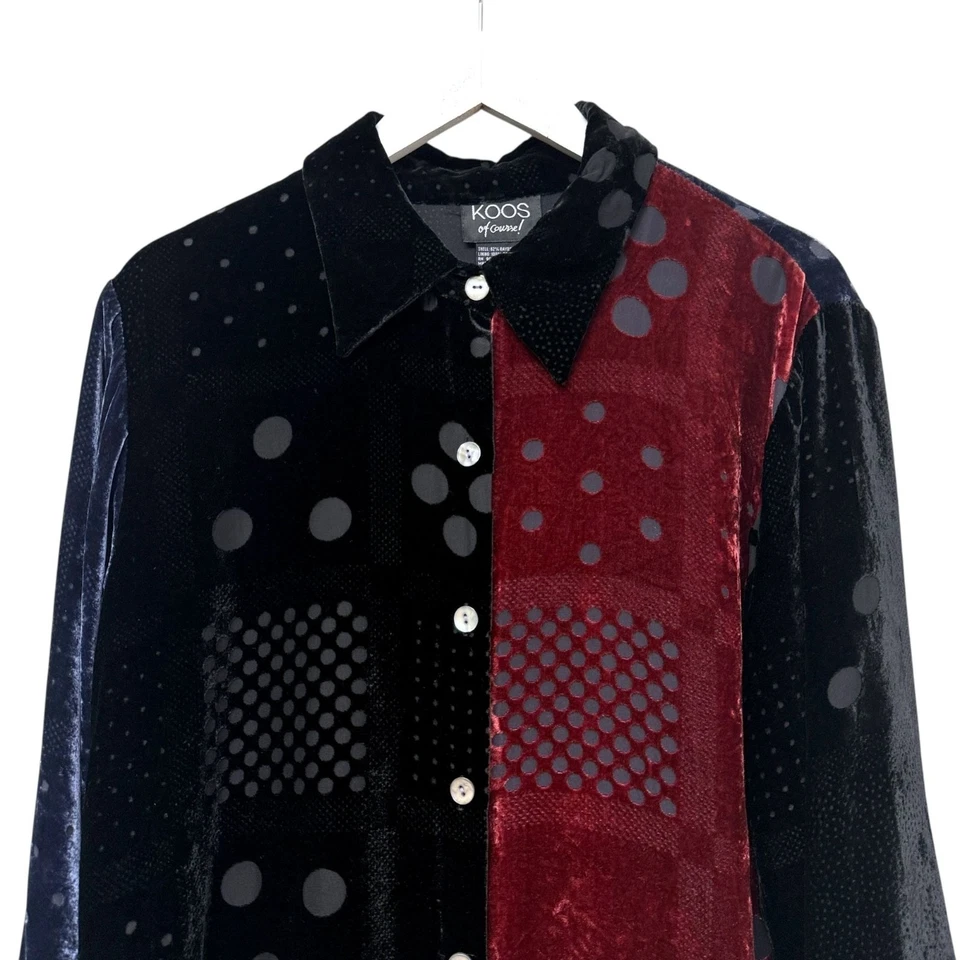 Camisa de terciopelo KOOS Of Course mezcla de seda mediana negra bloques de colores artística para mujer Foto 2 de 4