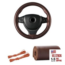Genuine Leather Steering Wheel Cover, 15" Universal 15 inches Full Hole Coffee