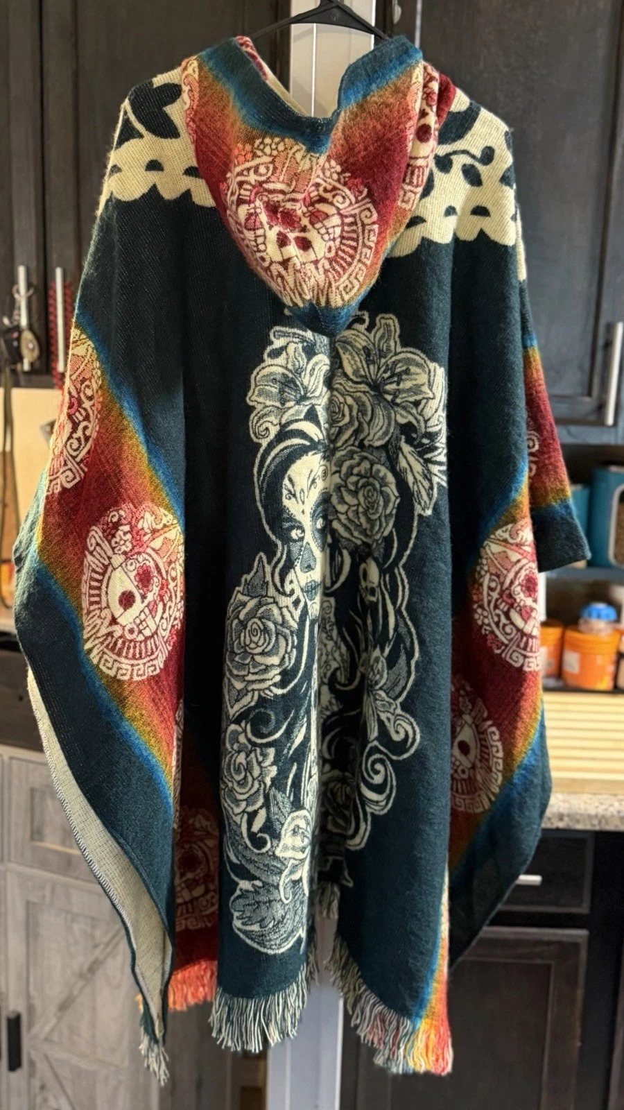 Handmade Alpaca Wool Catrina Poncho Hooded Cape One Size, Day of the Dead
