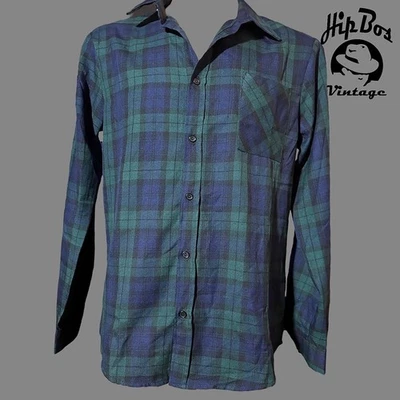 Chemise à carreaux vintage récupérée homme femme bleu vert à carreaux taille M - Photo 1/4