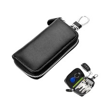 Leather Car Key Holder Bag, Unisex Key Fob Case with 6 Hooks, Zipper Black