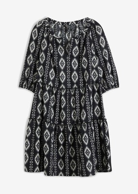 Neu Tunika-Kleid mit Leinenanteil Gr. 48 Schwarz Weiß Gemustert Damen Minikleid
