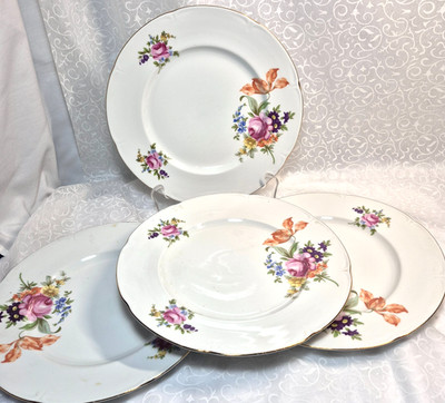 Vtg Crown J.L. Menau Floral Gold Trim Dinner Plates  10 1/4'' Set of 4 German DR