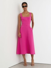 $430 Reiss Waisted Cut-Out Twill Midi Dress in Raspberry Pink