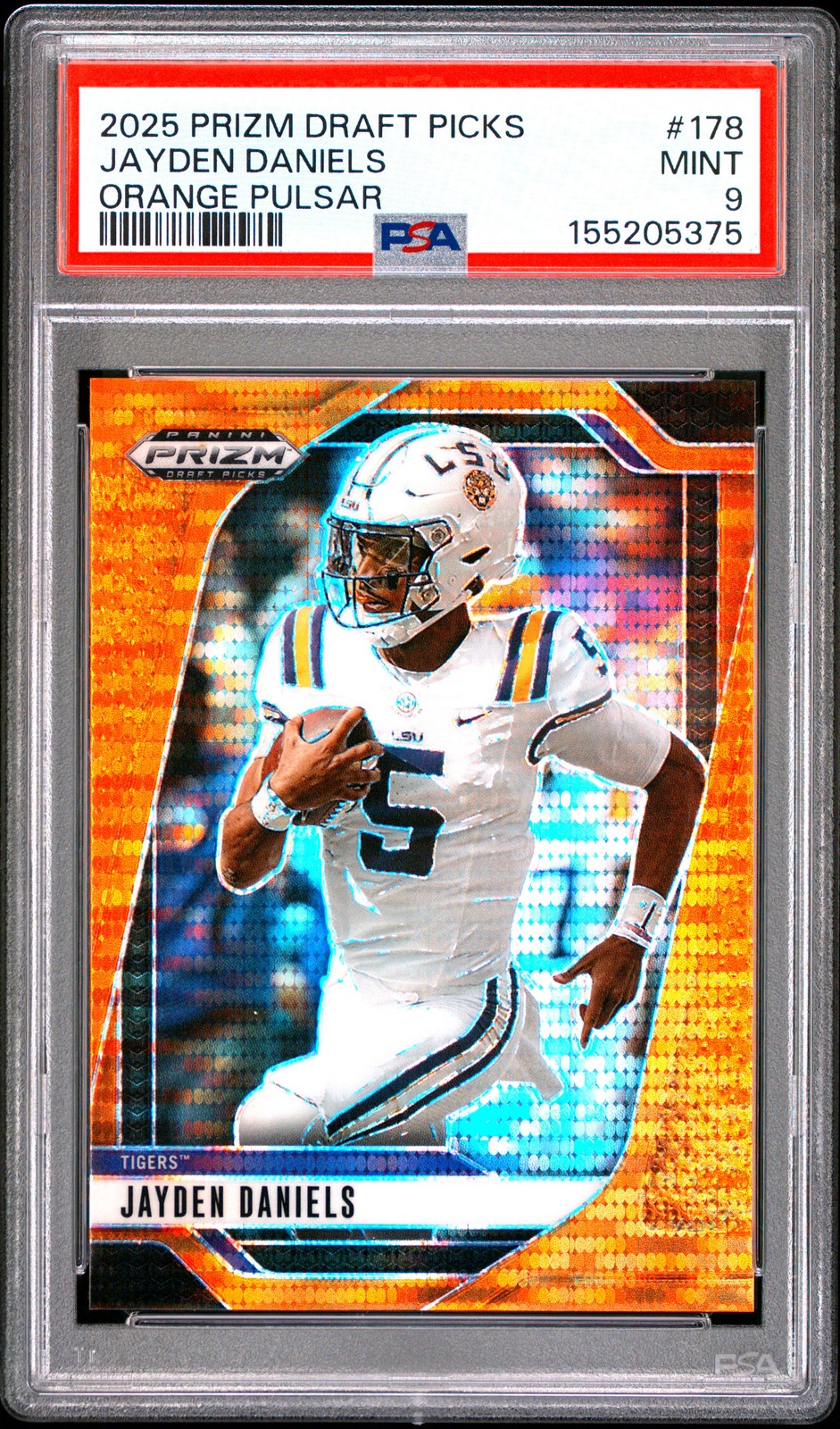 2025 PANINI PRIZM DRAFT PICKS ORANGE PULSAR #178 JAYDEN DANIELS 68/75 PSA 9 view 1