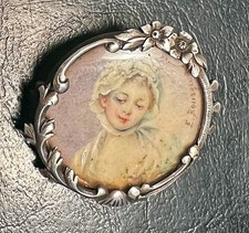 Belle Broche Argent Peinture Portrait Miniature Signé 19ème Bijou Ancien