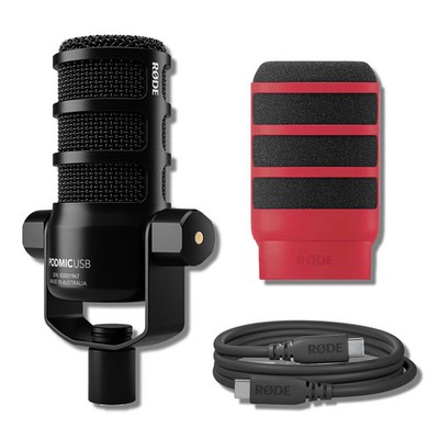 Rode PodMic USB Dynamic Broadcast Microphone with Red WS14 Pop Filter