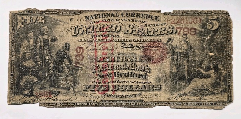 1865 Contemporary Counterfeit National Banknote Ch 799 New Bedford, MA $5