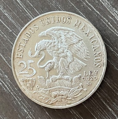 1968 MEXICO 25 PESOS XIX Olympics .720 Silver Coin  *WORLD123