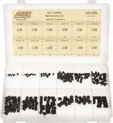 200 Piece Steel Set Screw Assortment, #6-32 to 3/8-24, Hex Drive, 3/16 to 3/8'' L