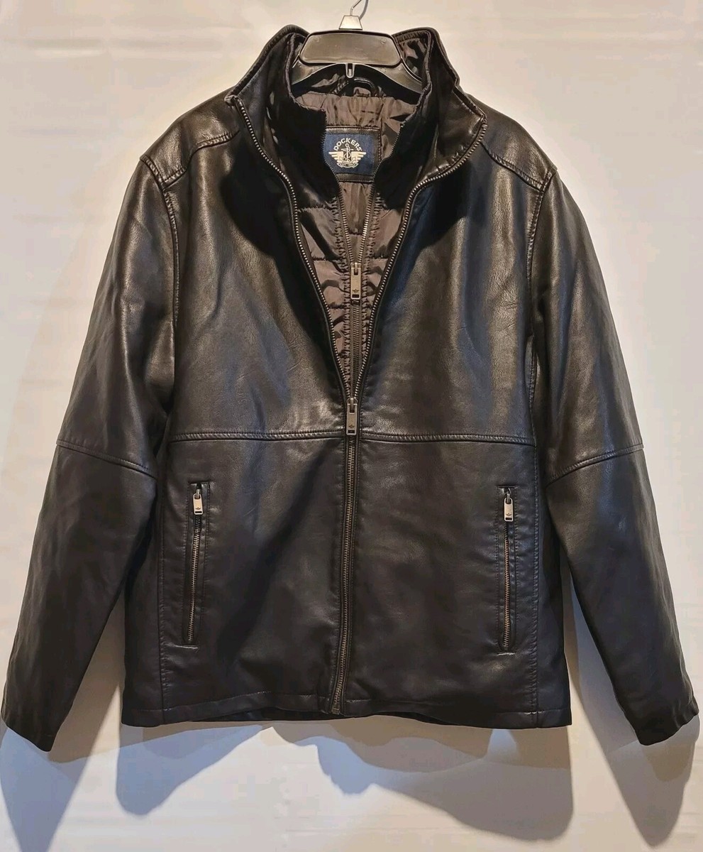 Dockers Mens Dylan Faux Leather Racer Jacket Black with Bib Dockers Mens Dylan Faux Leather Racer Jacket Black with Bib