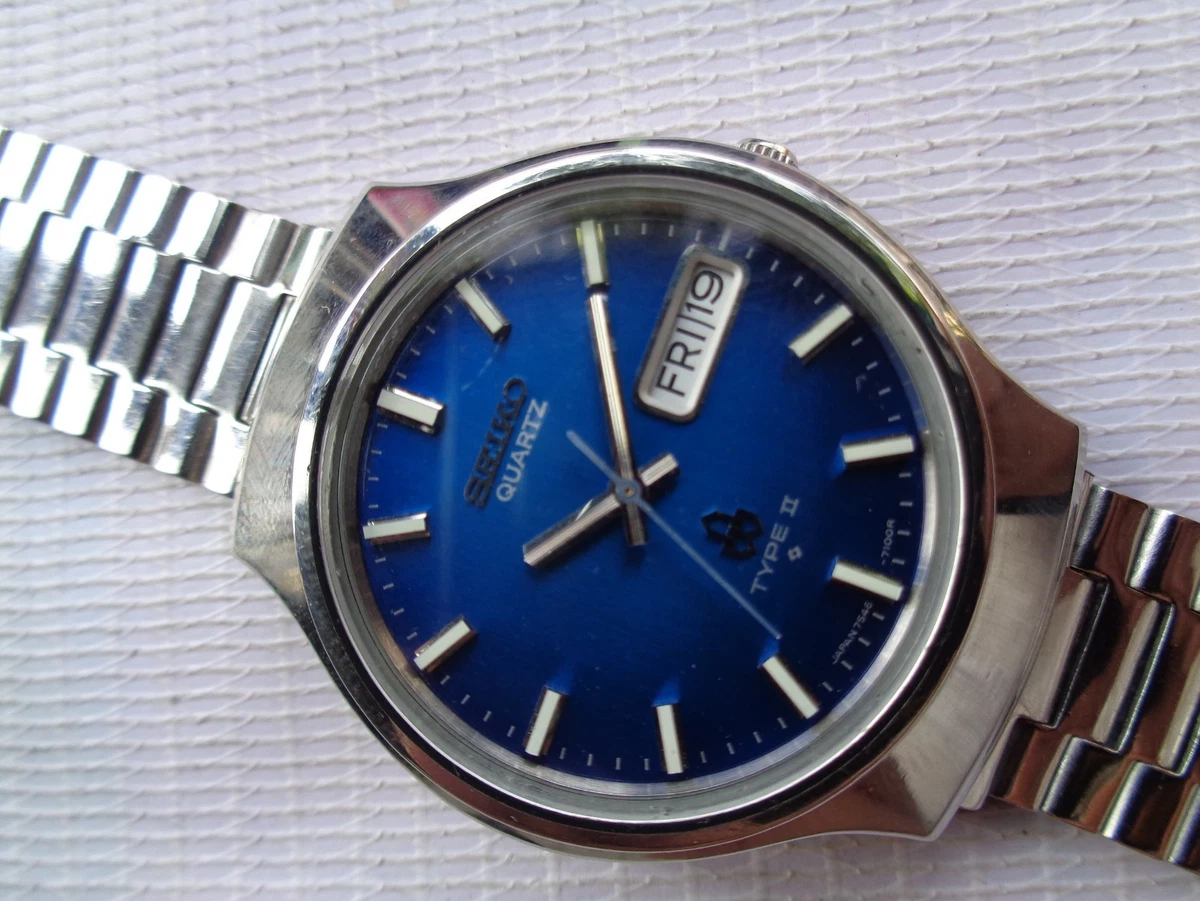 JAPAN RARE VTG COLLECTIBLE BLUE DIAL 7546-7090 SEIKO TYPE-II QUARTZ WRISTWATCH