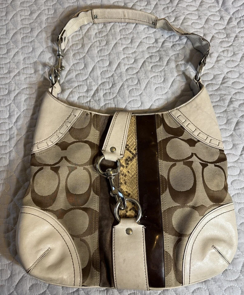Coach Signature Hobo Brown Beige Canvas /Python /Leather Stripe Front Satchel