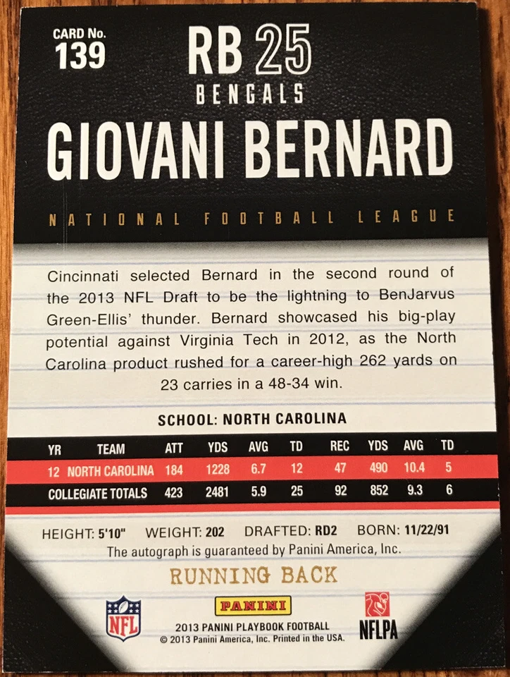 2013 Panini Playbook Rookie Autograph Giovani Bernard #139 #’d 48/49 - Image 2 of 2