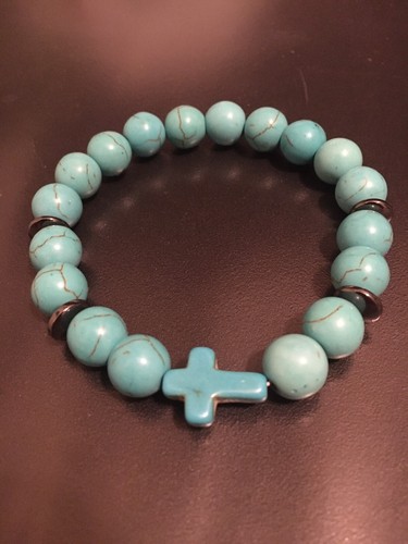 Mens 8” Turquoise Green Gemstone Howlite Beaded 10mm Stretch Bracelet Cross Gift - Picture 9 of 10