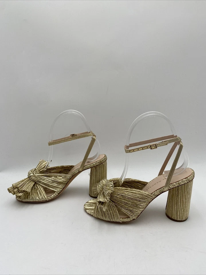 Sandalia Loeffler Randall Camelia Platino Dorado Plisado Tacón Lazo Talla 6B Foto 3 de 4