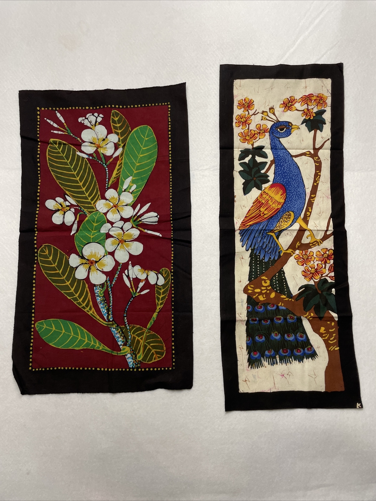 2 Batik Style Wall Hangings Tapestry Decor Peacock Nature Floral Sri