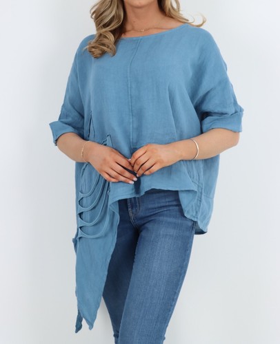 Womens Italian Lagenlook Linen Distress Pocket Asymmetric Linen Plus Size Top - Picture 9 of 29