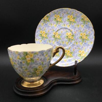 食器 primrose SHELLEY PRIMROSE TEA CUP & SAUCER SET BLUE & YELLOW FLORAL CHINTZ