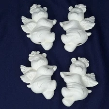 S/4 WINGED FAIRY BEARS Unpainted Ceramic Macramé Beads Figural Vintage Craft 70s