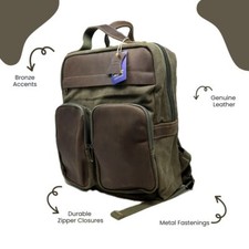 R&R Leather and Canvas Laptop Backpack Bag - Olive Green
