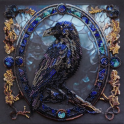 DIY Mid-sized Bead Embroidery Kit Night Raven Beadwork Beaded Stitching Set