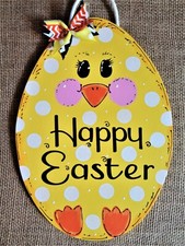 HAPPY EASTER CHICK SIGN Wall Art Door Decor Egg Hanger Plaque Seasonal Spring