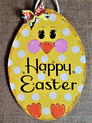 HAPPY EASTER CHICK SIGN Wall Art Door Decor Egg Hanger Plaque Seasonal Spring 