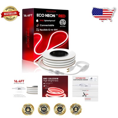 Bright Red 16.4FT LED Neon Strip Light, Waterproof for Indoor & Outdoor Decor