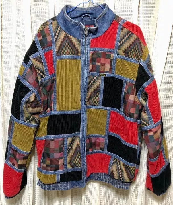 Supreme Corduroy Jacquard Patchwork Denim Jacket Blue Red Mondrian Plaid