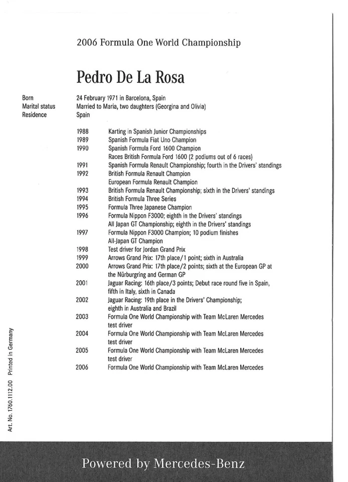 Pedro De La ROSA  Autogrammkarte -Druck-   015 - Bild 2 von 2