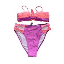 Popvil Pink Purple Colorblock High Waisted Bikini Set Knotted Cutout Swimsuit L