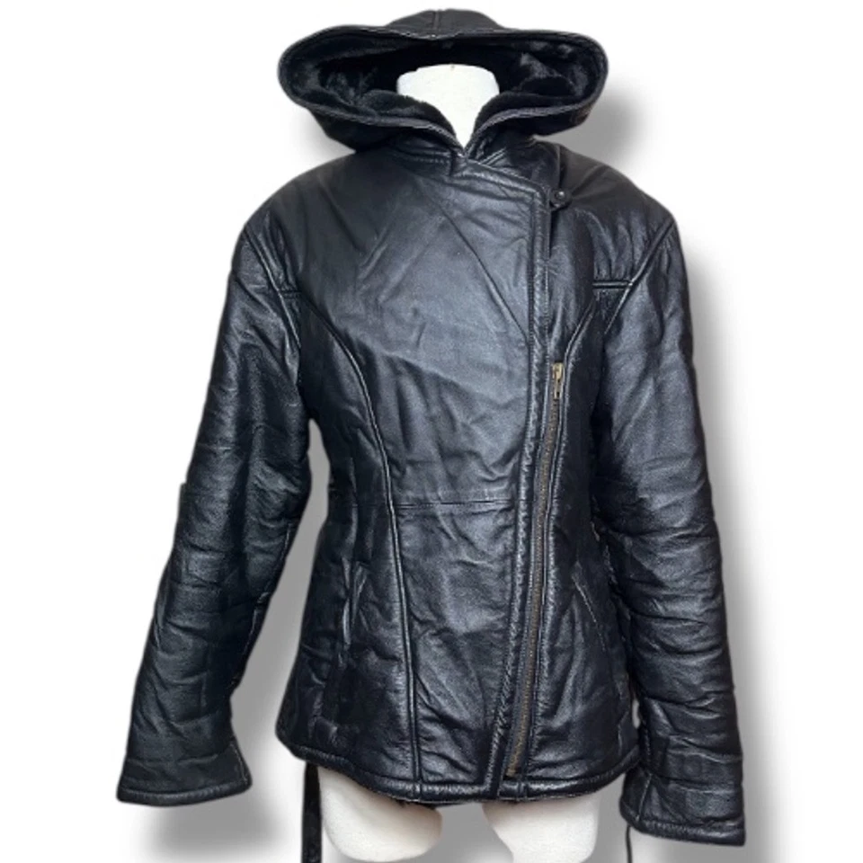 Chaqueta de cuero negra vintage de los 90 Wilson con cinturón forrada de piel sintética para mujer pequeña Foto 4 de 4