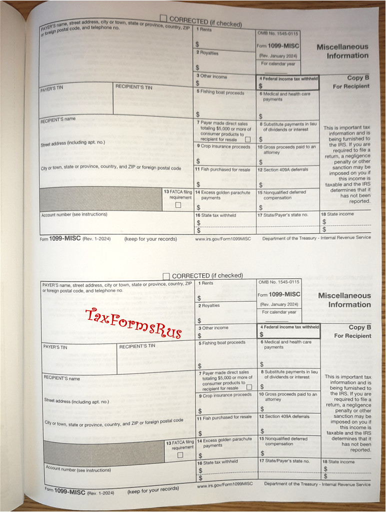 2025 IRS Tax Form 1099-MISC single sheet for 2 recipients NON-carbonless 4pt 2up