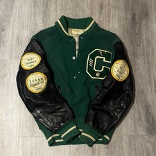 Holloway 1960s Green Letterman Varsity Jacket Size 40 Leather Sleeves Vintage