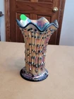 Squatty Blue Fenton Carnival Glass April Showers Pattern Vase Peacock Interior