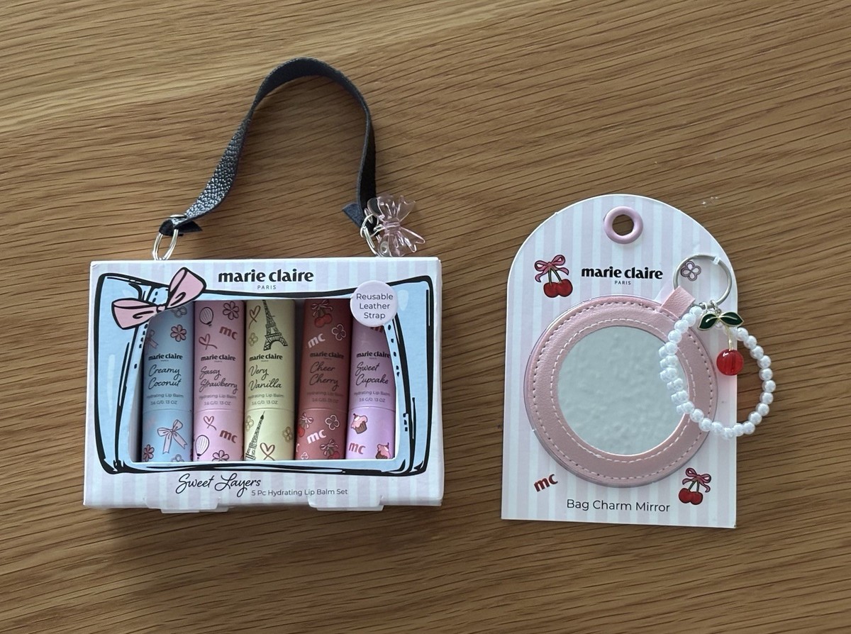 Marie Claire PARIS 5 pc Lip Balm Set Reusable Leather Strap + Bag