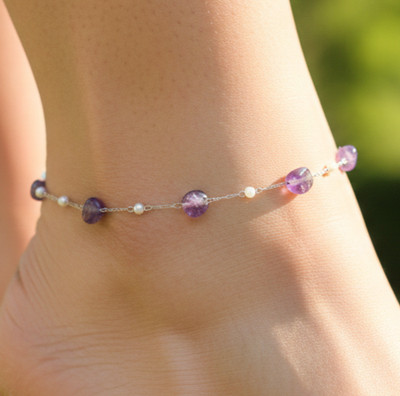 Elegant Silver Tone Anklet Minimalist Amethyst and Pearl Beaded Chain Anklet
