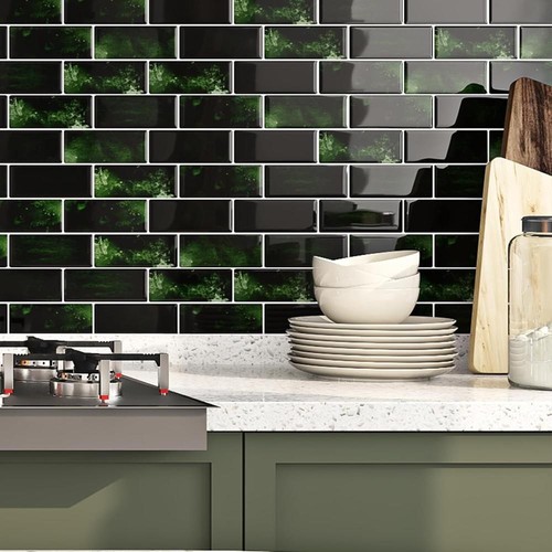 Peel and Stick Backsplash Emerald Green Subway Tile Stickers 4-Tiles 12x12 - Picture 3 of 7