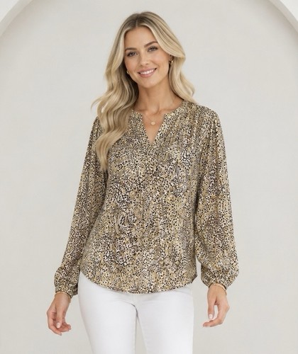 Womens Animal Print Smocked Long Sleeve Top Small Boho Chic NWT