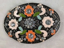 Floral Belt Buckle Rhinestone Enamel Black Silver Tone Oval Boho Retro