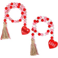 2 Pieces Valentines Day Wood Bead Garland with Tassels,Rustic Wooden Beads Garla