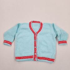 VTG 60s 70s Handknit Baby Toddler Button-Up Acrylic Blue Green Cardigan Sweater