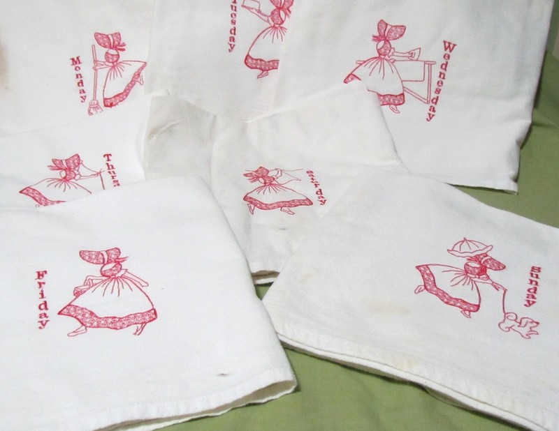 Embroidered Day of the Week Tea Dish Towels Pinafore Bonnet Girl 7 pcs.