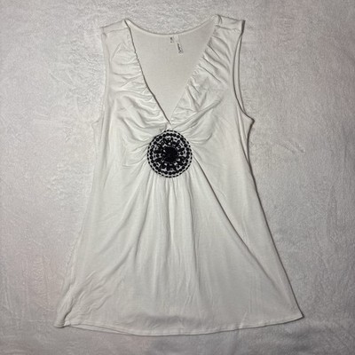 One West Sleeveless Top Womens Large White V Neck Medallion Y2K 90s  