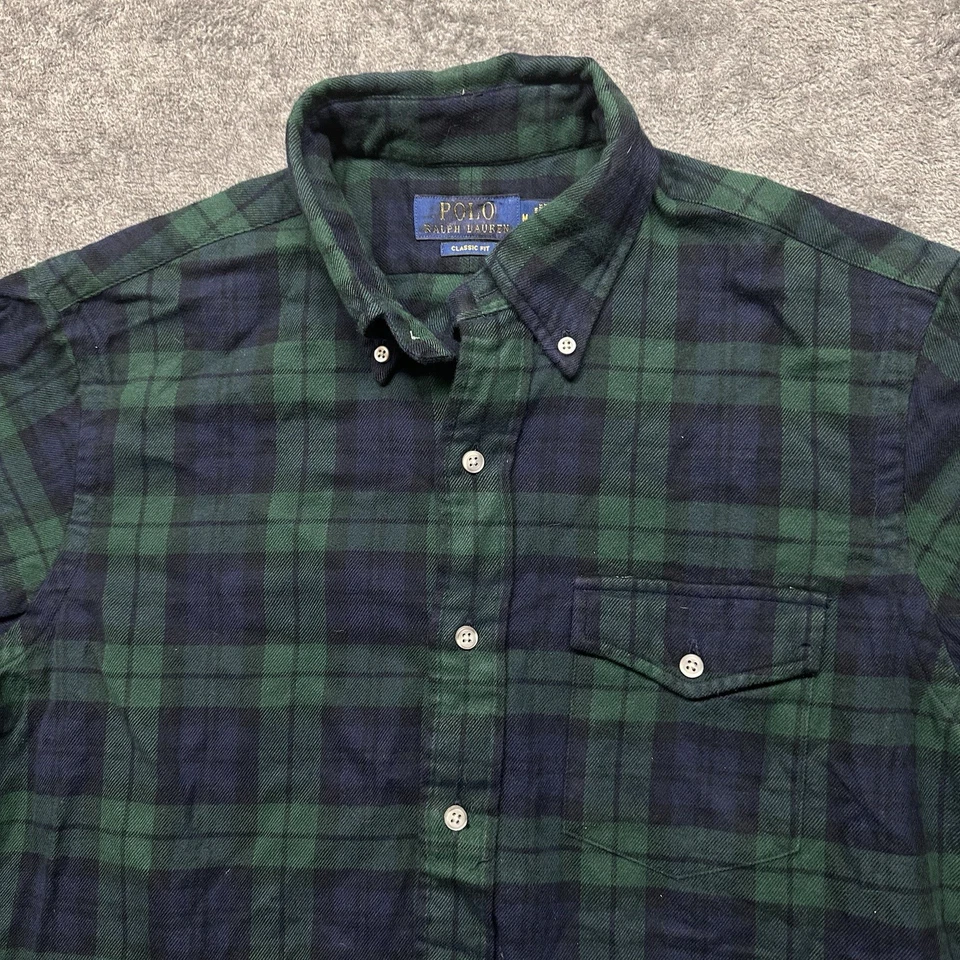 Polo Ralph Lauren Shirt Mens Medium Green Blue Tartan Plaid Flannel Button Up - Image 3 of 4