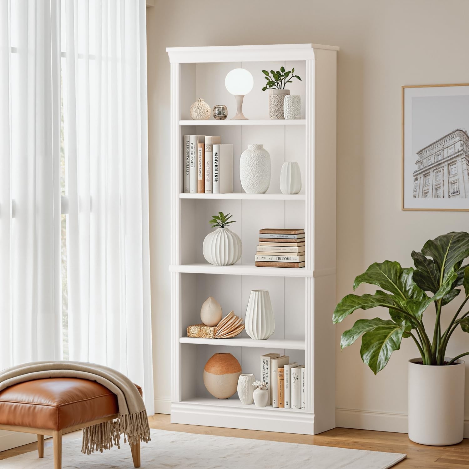 71-Inch 5-Shelf Tall Wood Bookcase Open Display Floor Bookshelf